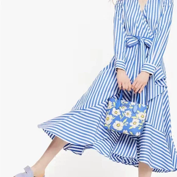Kate Spade Blue and White JULIA STRIPE WRAP DRESS Long Sleeve Dress